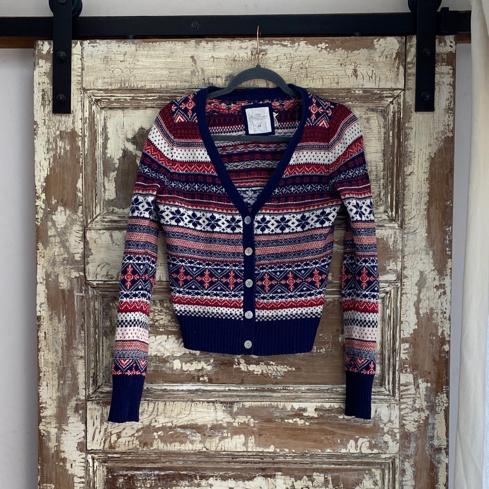 Y2k H&M Logg Button-Front Fair Isle Nordic Cardigan Red/White/Blue, Size M